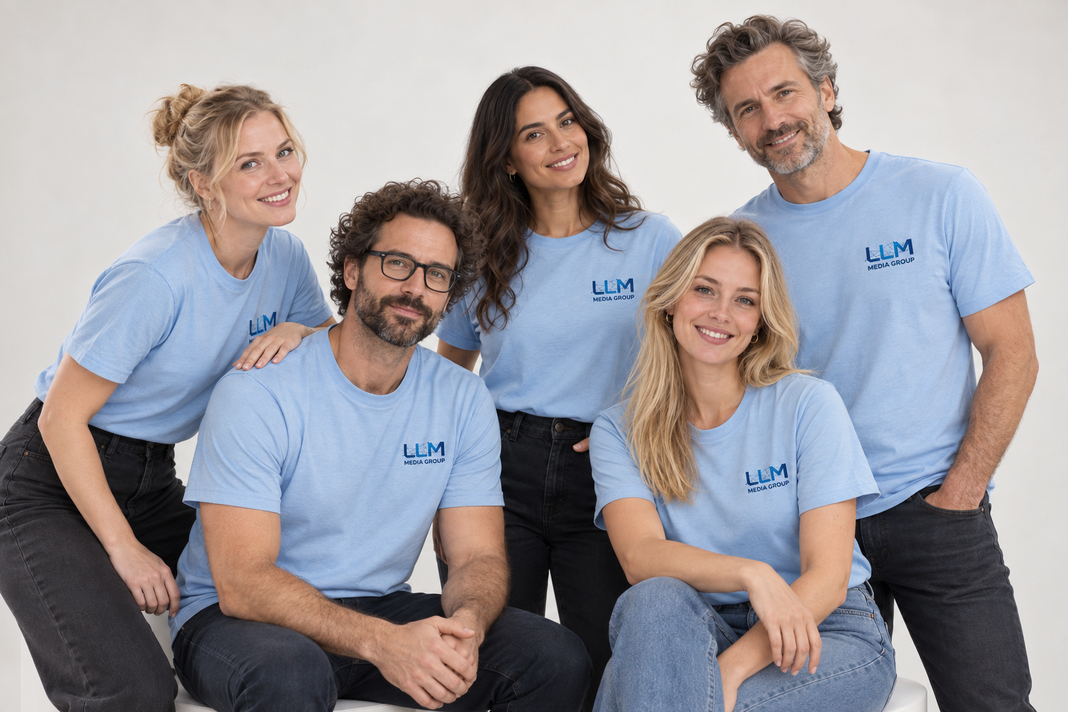 KI-generiertes Gruppenmotiv mit den wiederkehrenden Teamfiguren in hellblauen T-Shirts mit LLM-Logo
