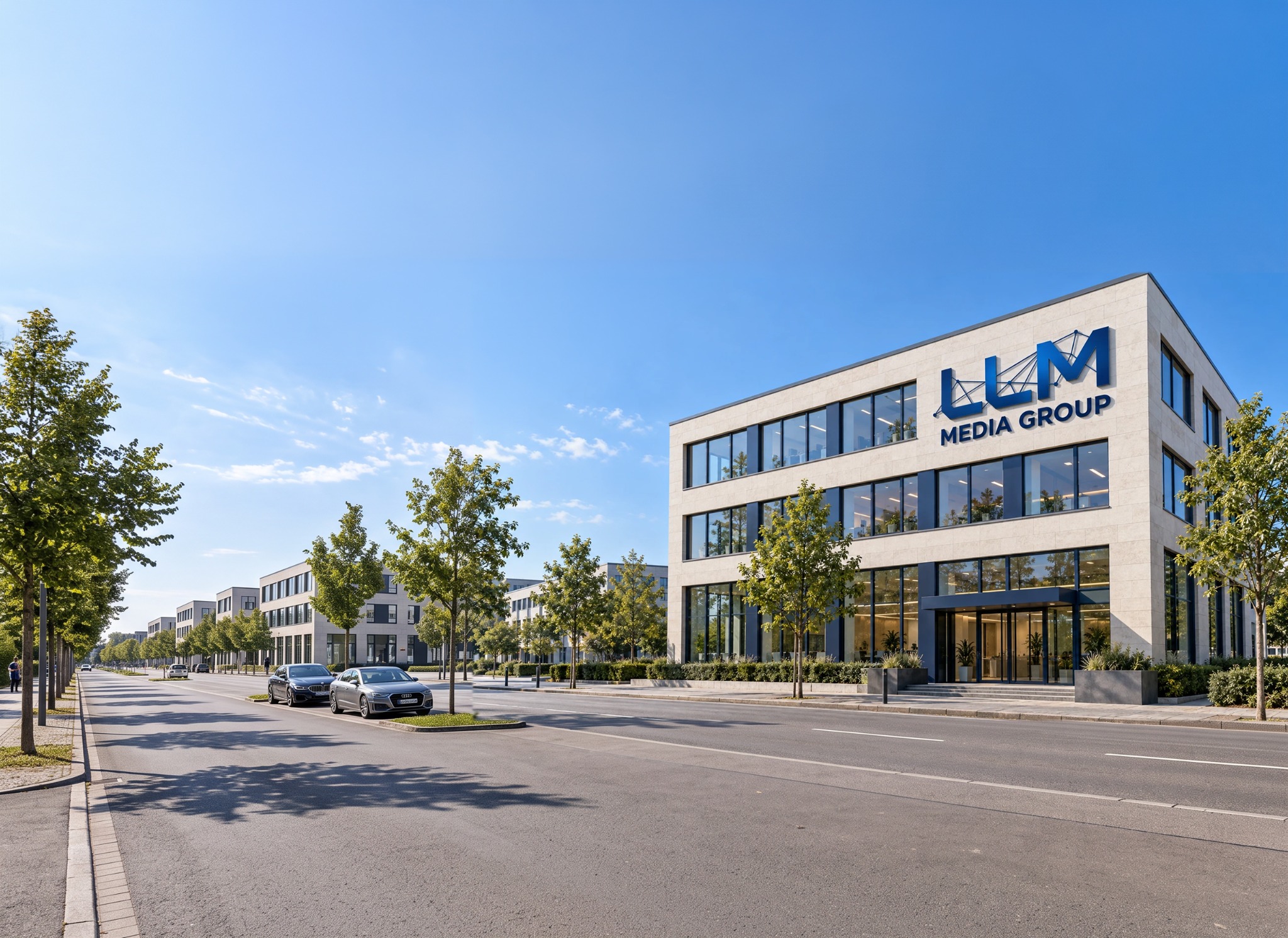 Gebäude mit dem Logo der LLM Media Group