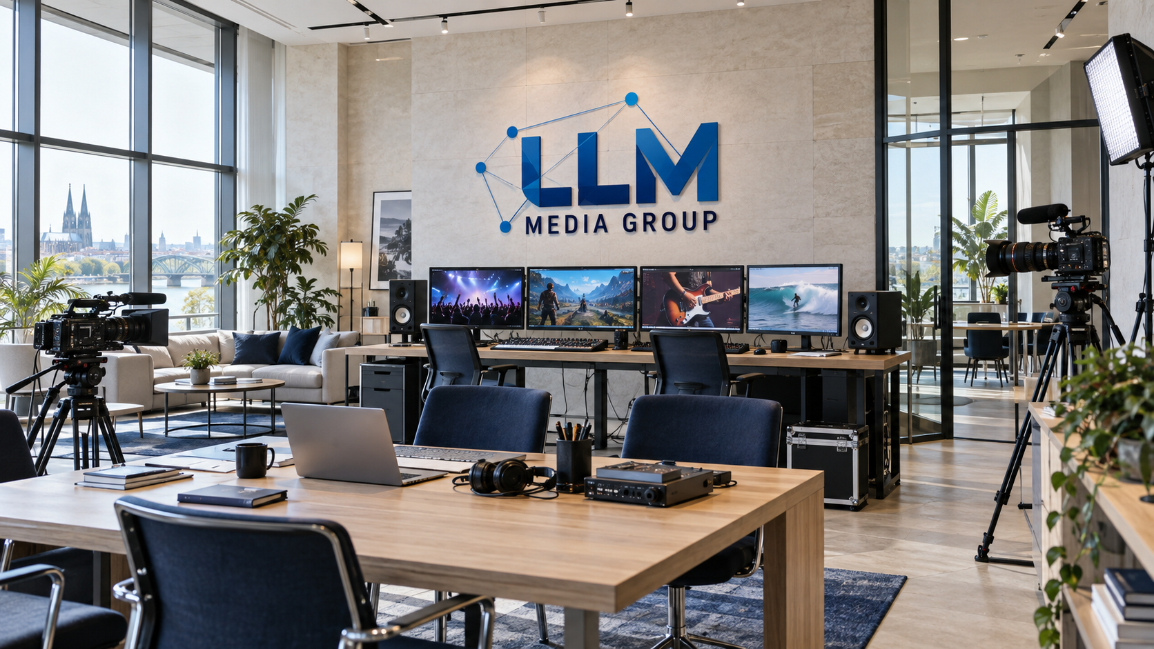 KI-Visualisierung eines modernen Medienproduktionsstudios der LLM Media Group