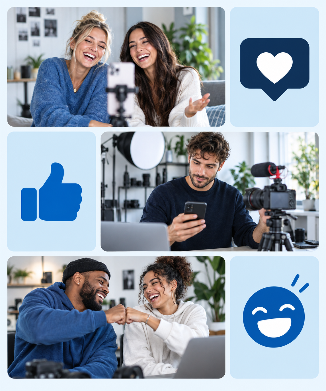 Drei Social-Media-Szenen mit Herz-, Like- und Lachreaktion